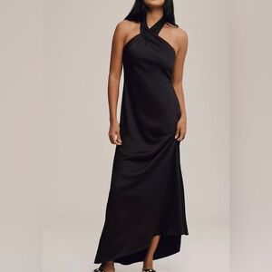 Anthropologie x BHLDN $220 Ruby Twist Halter Black Satin Gown‎ Size 14